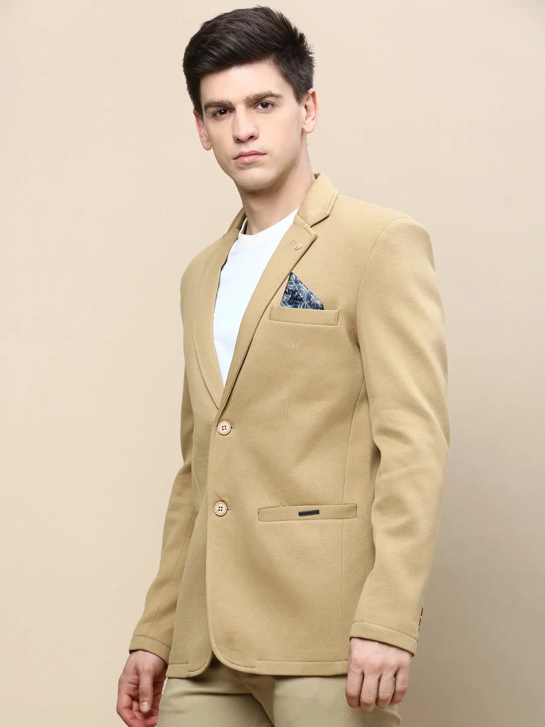 Men Khaki Solid Casual Blazers