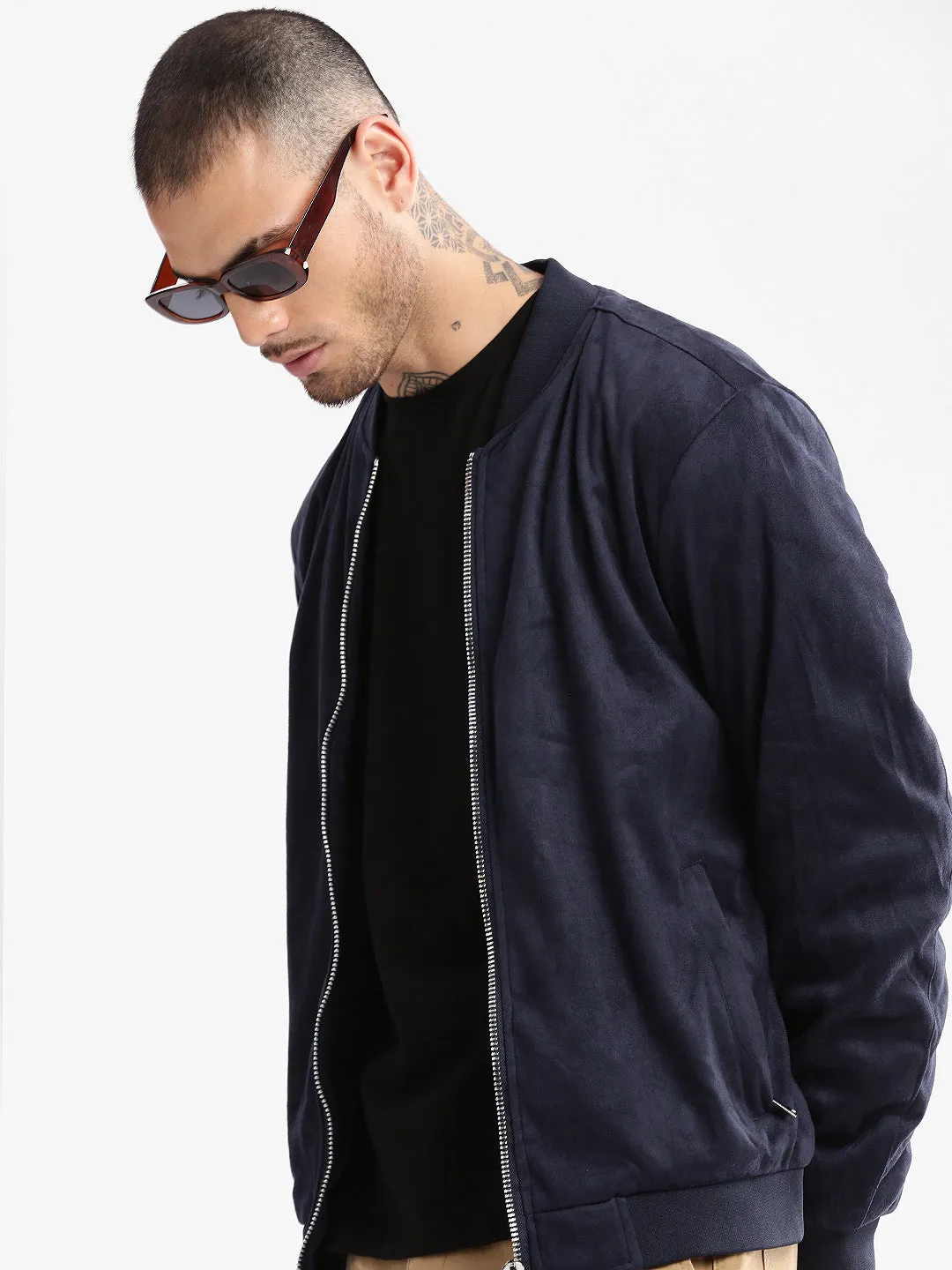 Men Mandarin Collar Navy Blue Solid Bomber Jacket