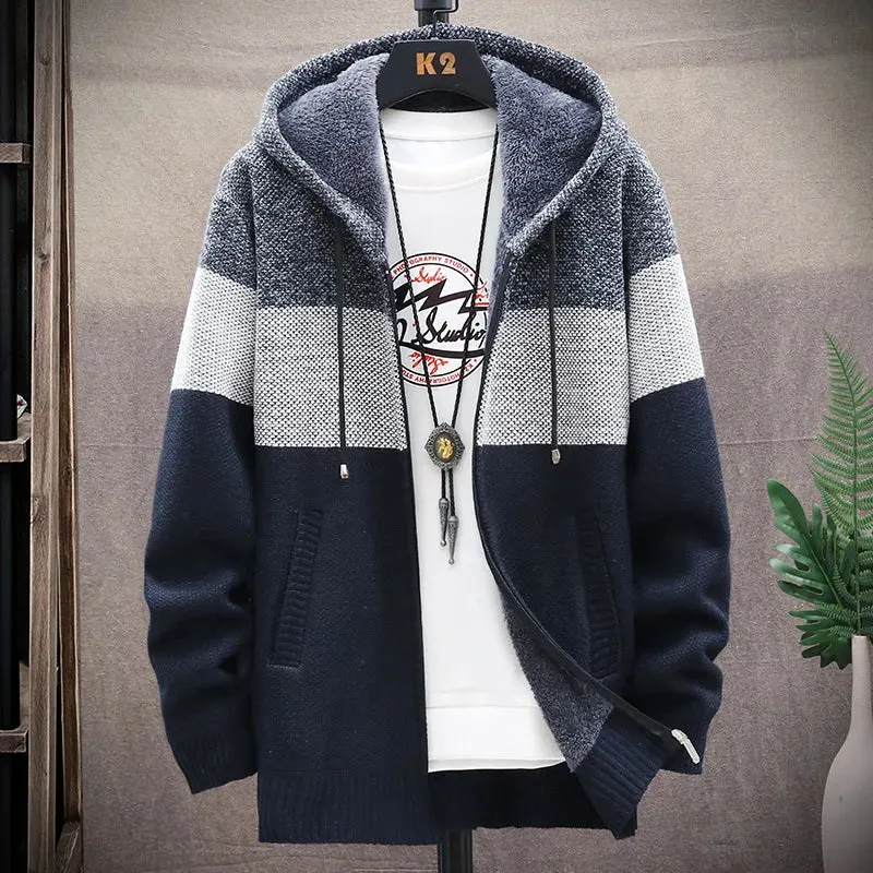 Men's Fleece Cardigan Hooded Jacket Winter Sweater Jumper Zip Knitwear Fashion Striped Thick Warm Sweaters Coat Man Clothes