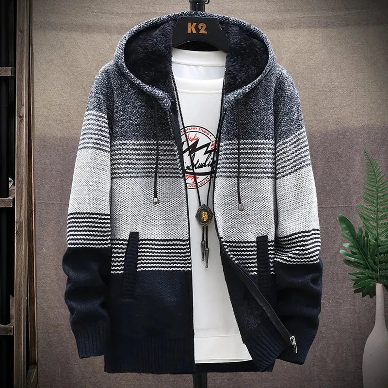 Men's Fleece Cardigan Hooded Jacket Winter Sweater Jumper Zip Knitwear Fashion Striped Thick Warm Sweaters Coat Man Clothes