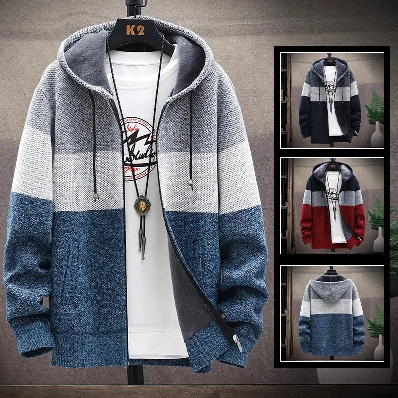 Men's Fleece Cardigan Hooded Jacket Winter Sweater Jumper Zip Knitwear Fashion Striped Thick Warm Sweaters Coat Man Clothes