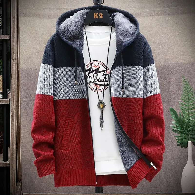 Men's Fleece Cardigan Hooded Jacket Winter Sweater Jumper Zip Knitwear Fashion Striped Thick Warm Sweaters Coat Man Clothes