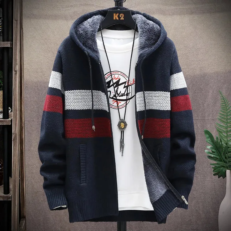 Men's Fleece Cardigan Hooded Jacket Winter Sweater Jumper Zip Knitwear Fashion Striped Thick Warm Sweaters Coat Man Clothes