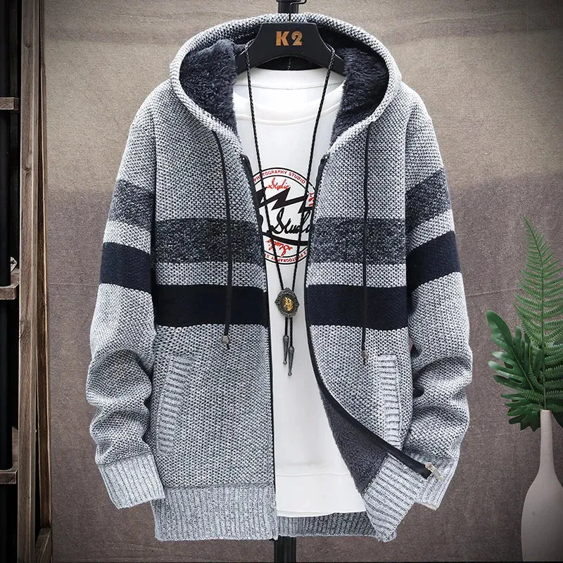 Men's Fleece Cardigan Hooded Jacket Winter Sweater Jumper Zip Knitwear Fashion Striped Thick Warm Sweaters Coat Man Clothes