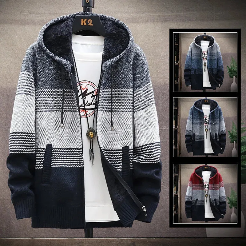 Men's Fleece Cardigan Hooded Jacket Winter Sweater Jumper Zip Knitwear Fashion Striped Thick Warm Sweaters Coat Man Clothes