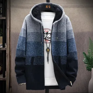 Men's Fleece Cardigan Hooded Jacket Winter Sweater Jumper Zip Knitwear Fashion Striped Thick Warm Sweaters Coat Man Clothes