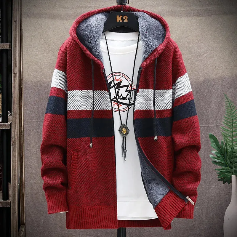 Men's Fleece Cardigan Hooded Jacket Winter Sweater Jumper Zip Knitwear Fashion Striped Thick Warm Sweaters Coat Man Clothes