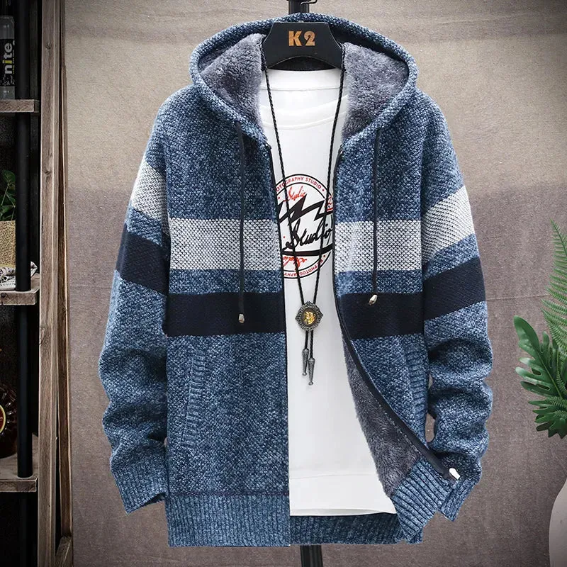 Men's Fleece Cardigan Hooded Jacket Winter Sweater Jumper Zip Knitwear Fashion Striped Thick Warm Sweaters Coat Man Clothes