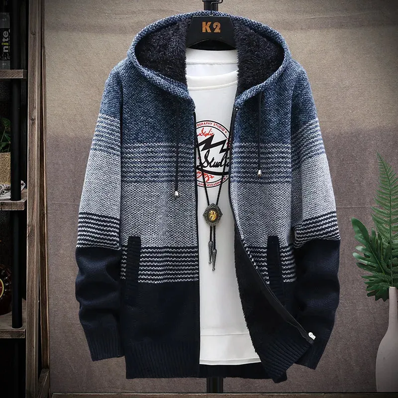 Men's Fleece Cardigan Hooded Jacket Winter Sweater Jumper Zip Knitwear Fashion Striped Thick Warm Sweaters Coat Man Clothes