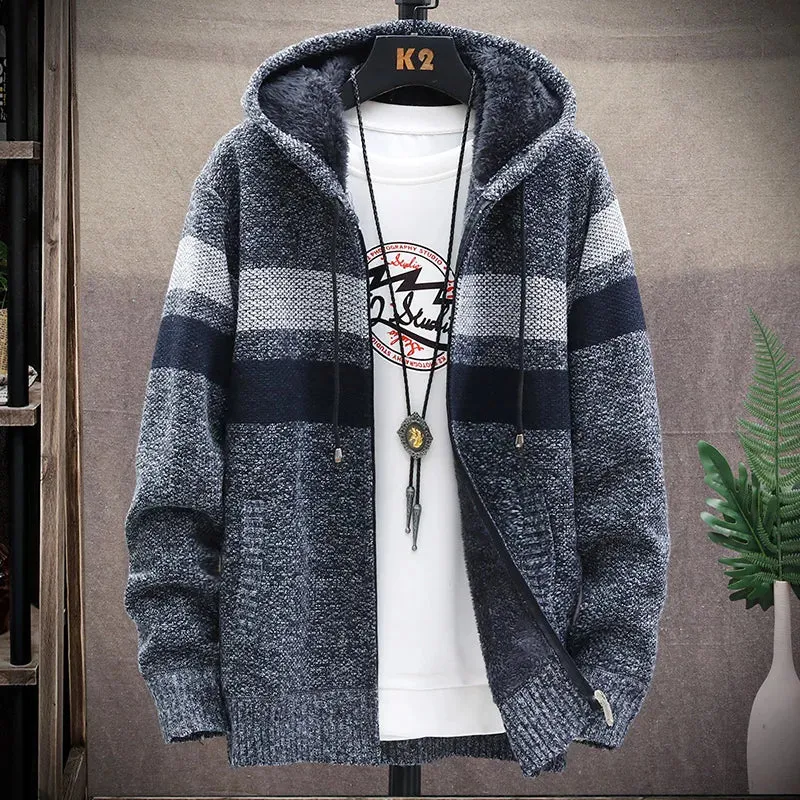 Men's Fleece Cardigan Hooded Jacket Winter Sweater Jumper Zip Knitwear Fashion Striped Thick Warm Sweaters Coat Man Clothes