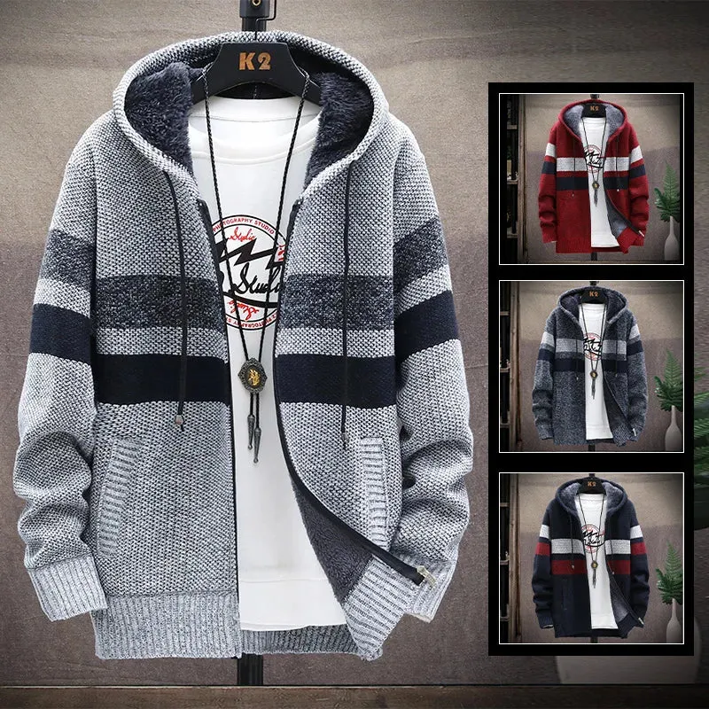 Men's Fleece Cardigan Hooded Jacket Winter Sweater Jumper Zip Knitwear Fashion Striped Thick Warm Sweaters Coat Man Clothes