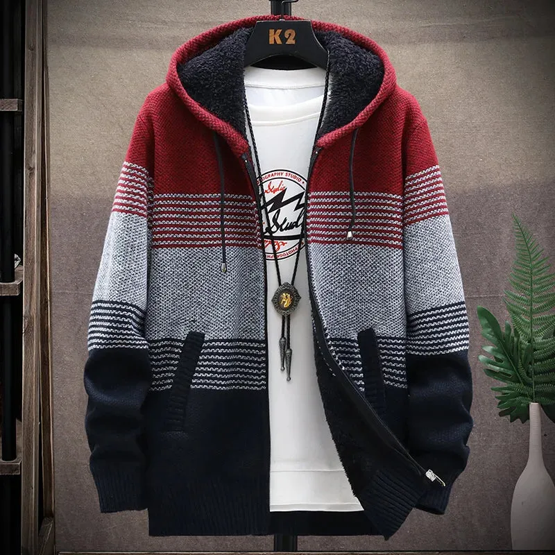 Men's Fleece Cardigan Hooded Jacket Winter Sweater Jumper Zip Knitwear Fashion Striped Thick Warm Sweaters Coat Man Clothes