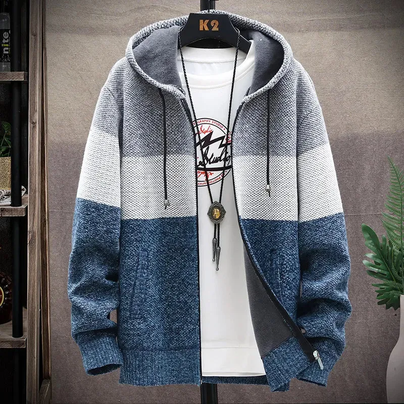 Men's Fleece Cardigan Hooded Jacket Winter Sweater Jumper Zip Knitwear Fashion Striped Thick Warm Sweaters Coat Man Clothes