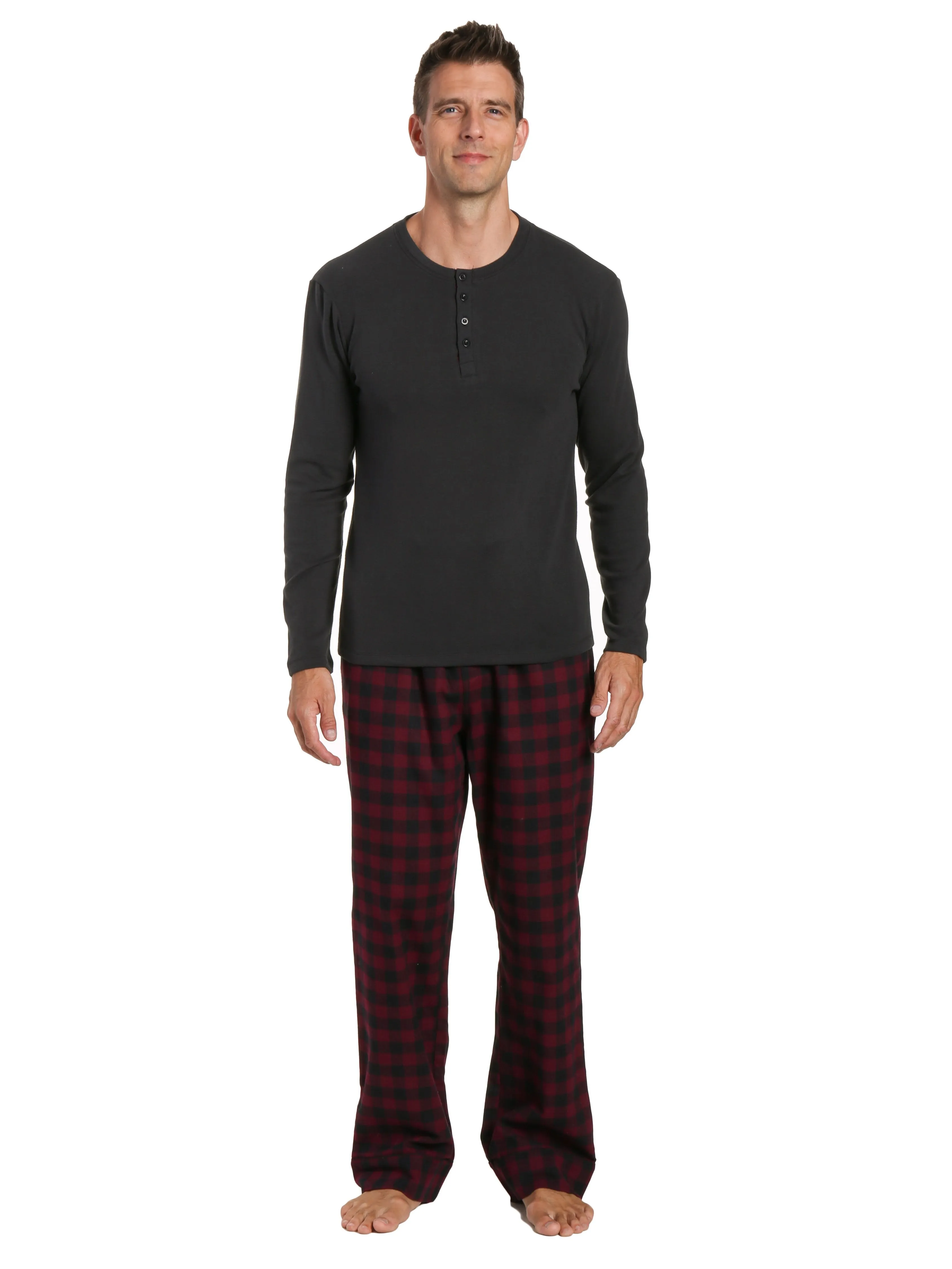 Mens Premium 100% Cotton Flannel Lounge Set - Gingham Checks - Fig Black