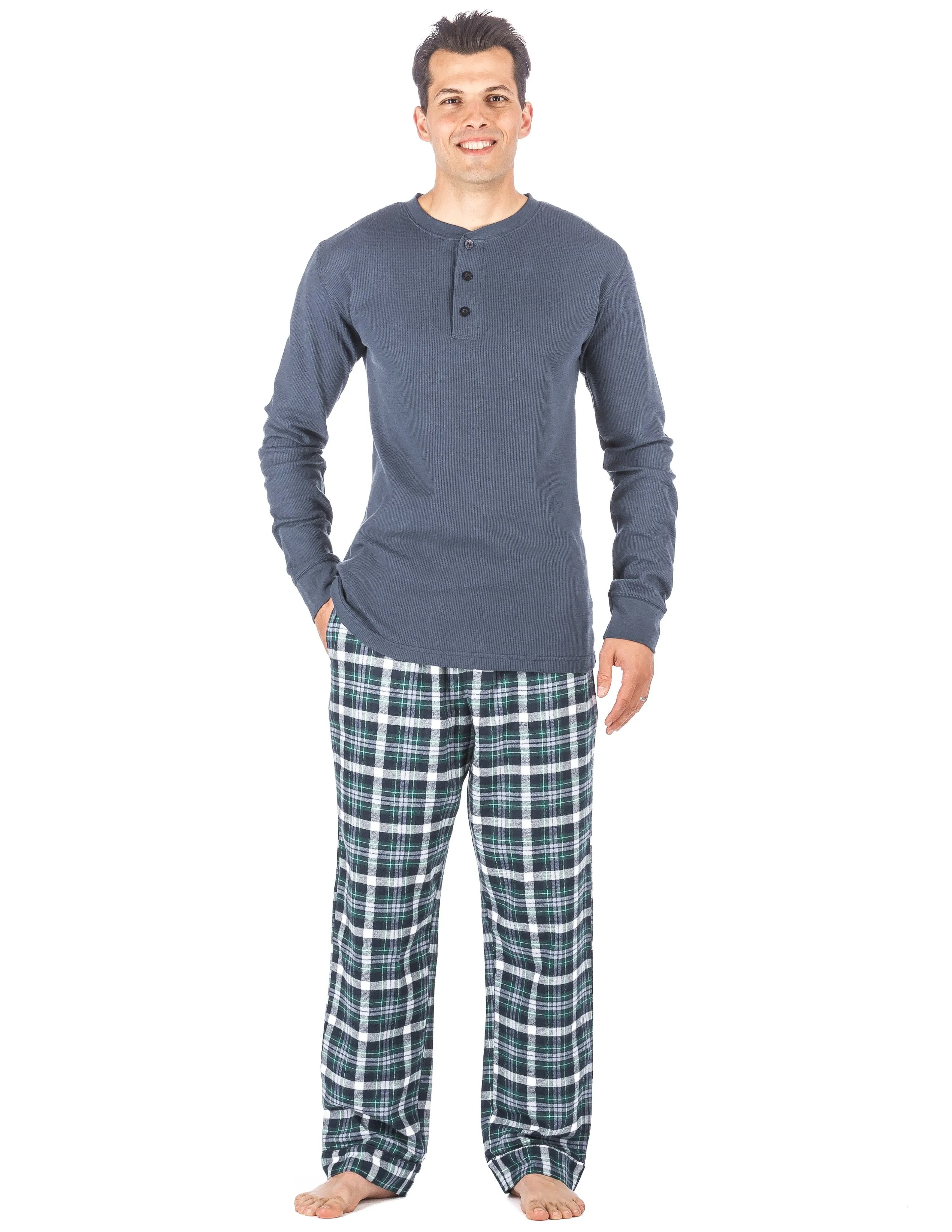 Mens Premium 100% Cotton Flannel Lounge Set - Plaid Blue/Aqua