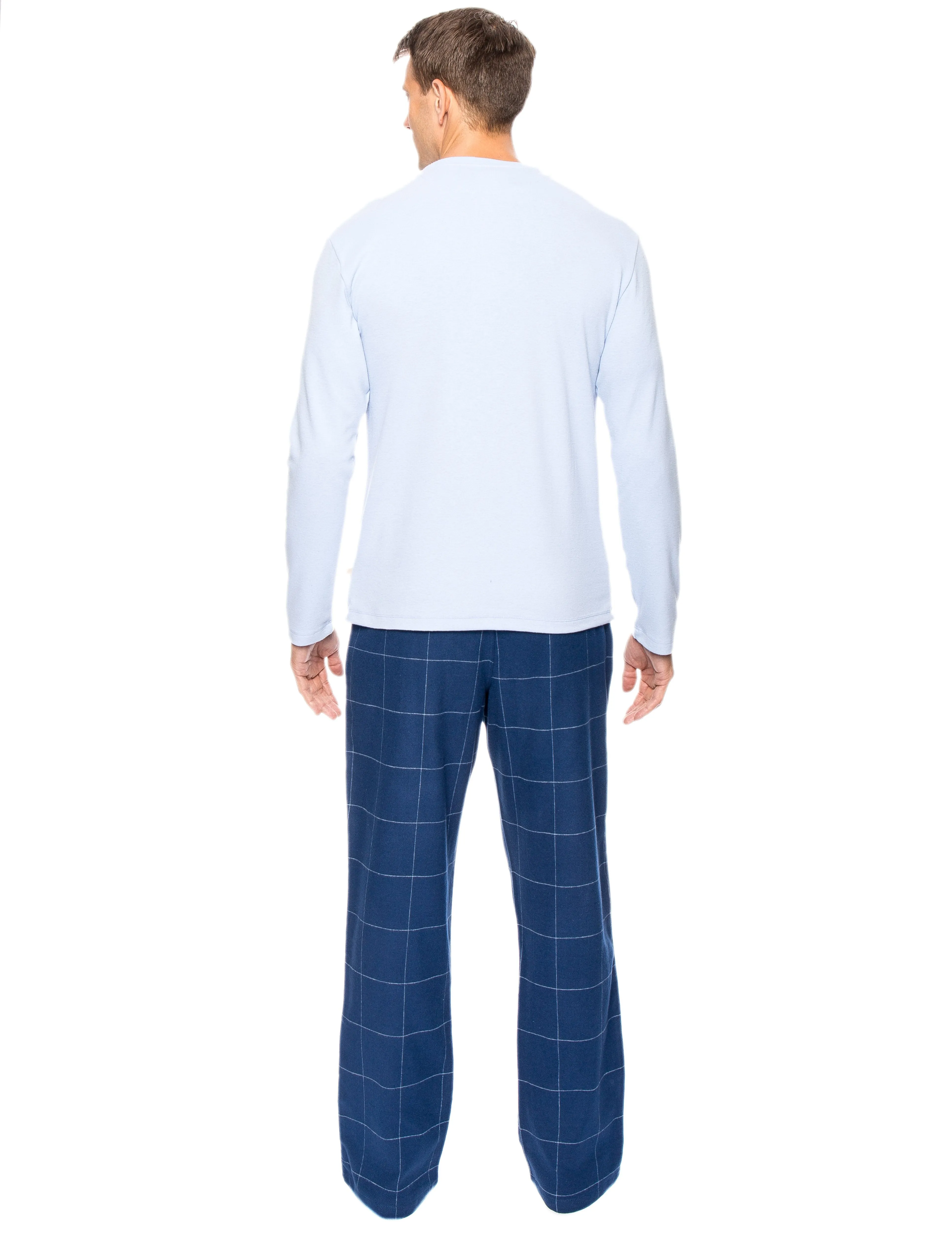 Mens Premium 100% Cotton Flannel Lounge Set - Windowpane Checks Dark Blue