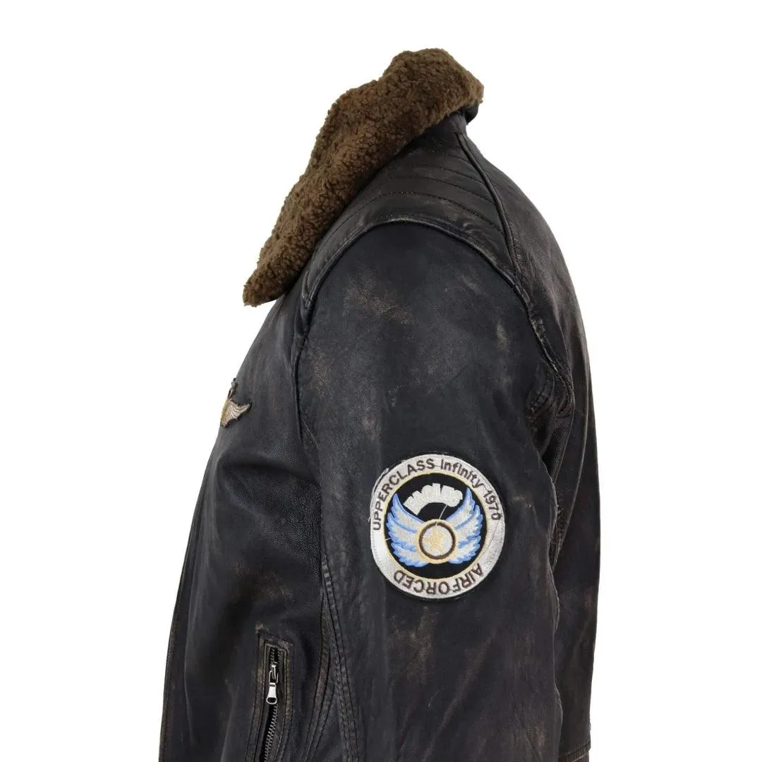 Mens Vintage Black Brown Zip Flying Aviator Jacket Fur Collar Badge Pilot Retro