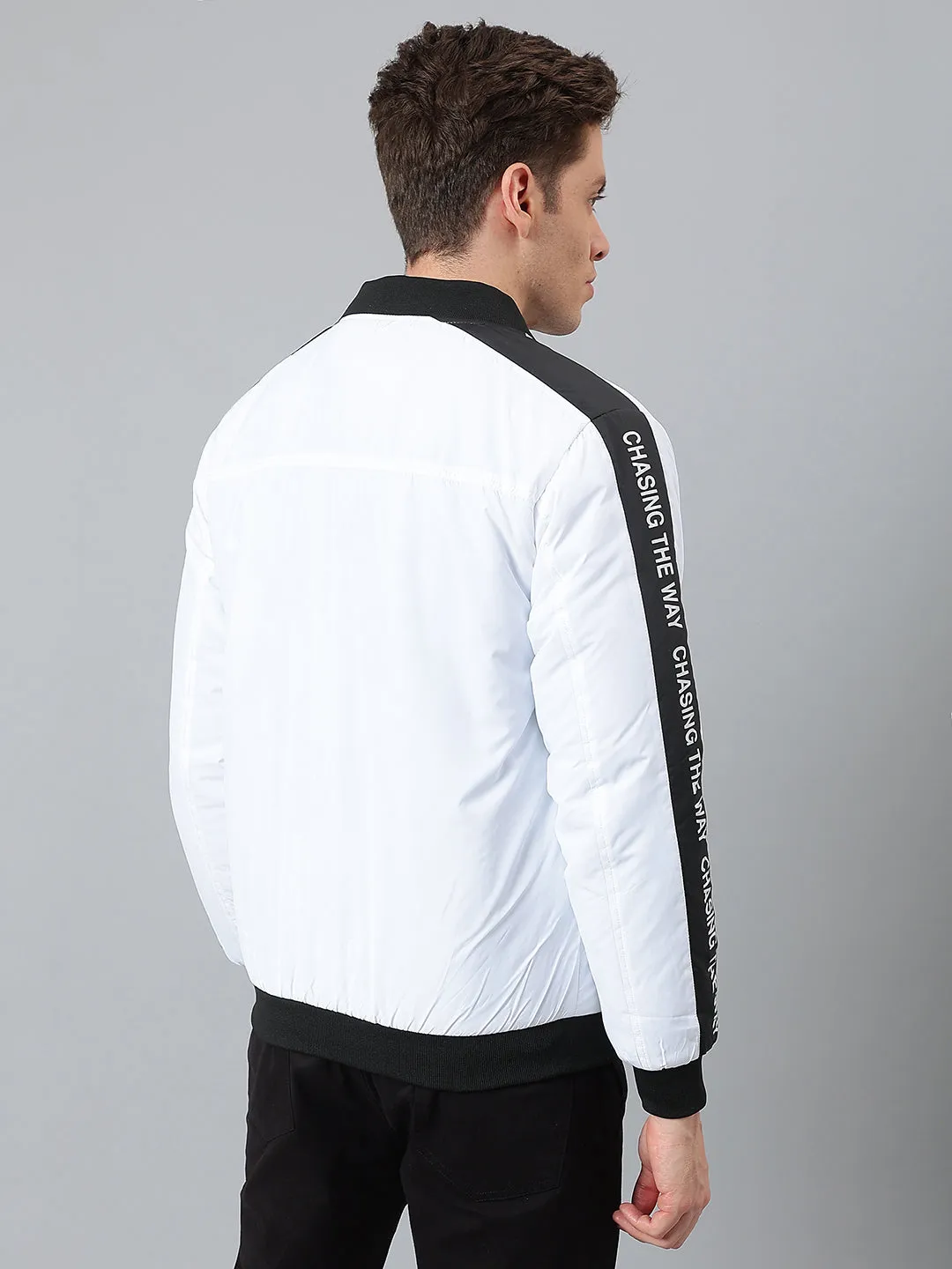 Men's White Regular Fit Winterwear Bomber Jacket