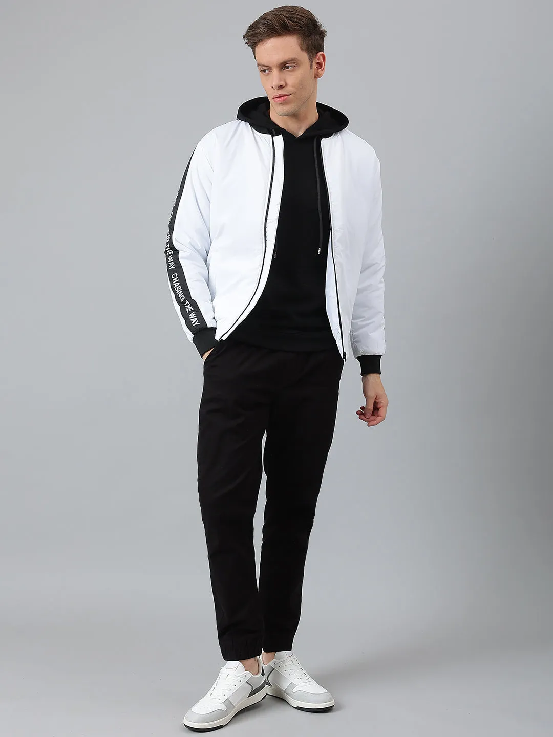 Men's White Regular Fit Winterwear Bomber Jacket