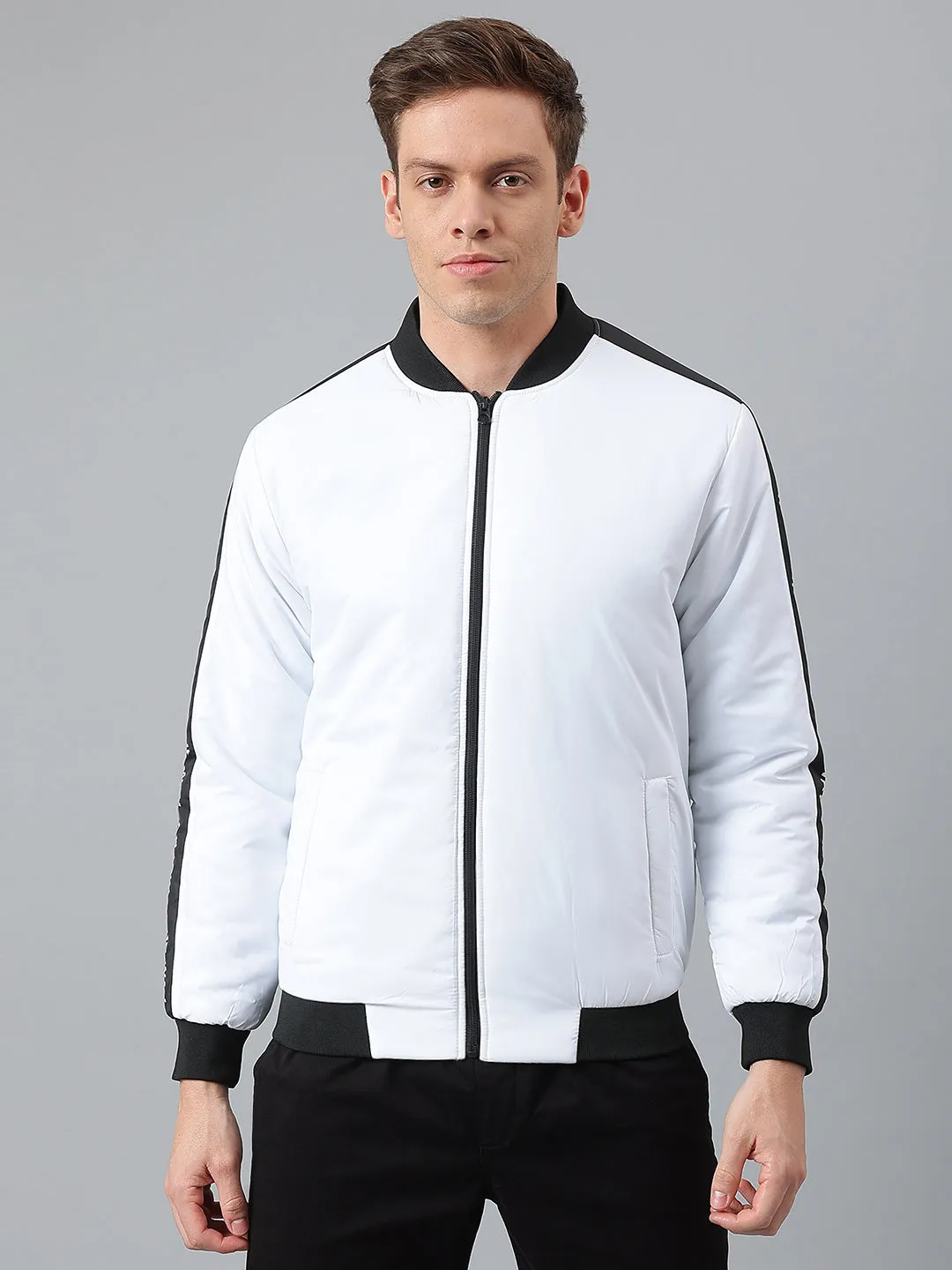 Men's White Regular Fit Winterwear Bomber Jacket