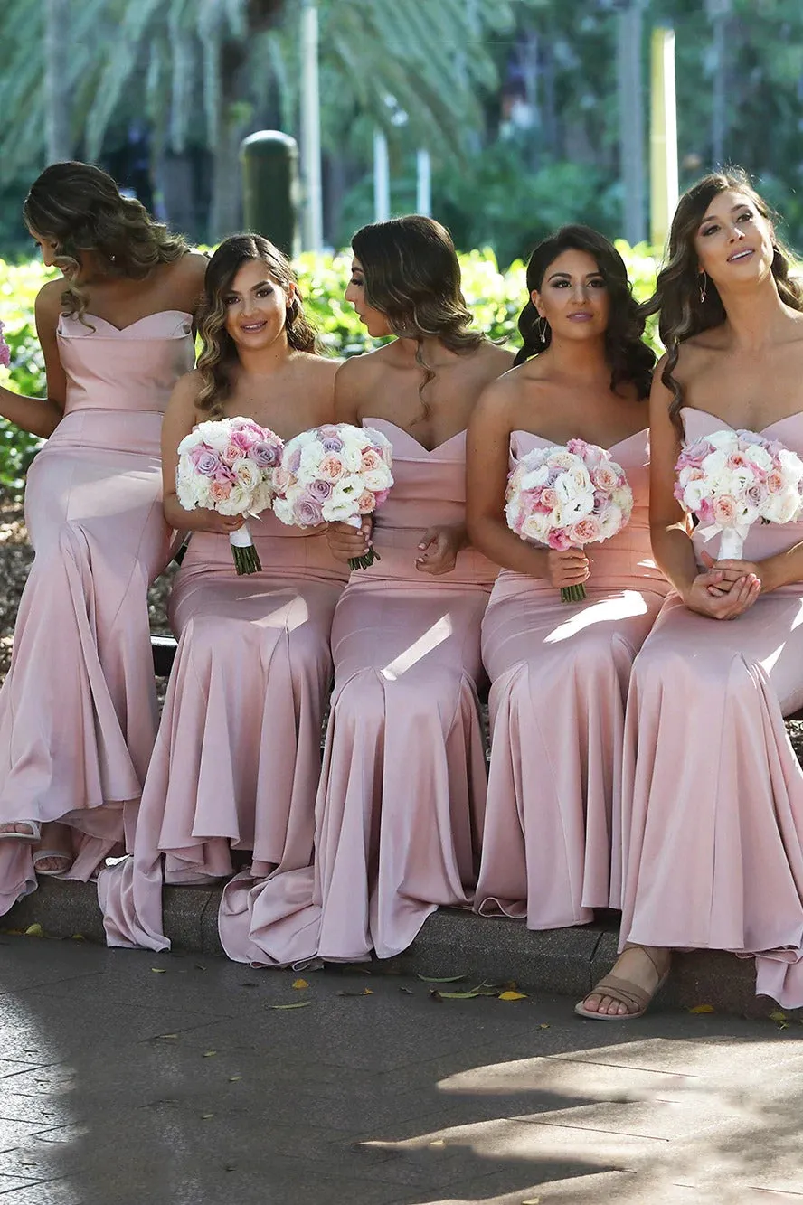 Mermaid Long Strapless Blush Pink Satin Bridesmaid Dresses Party Dresses