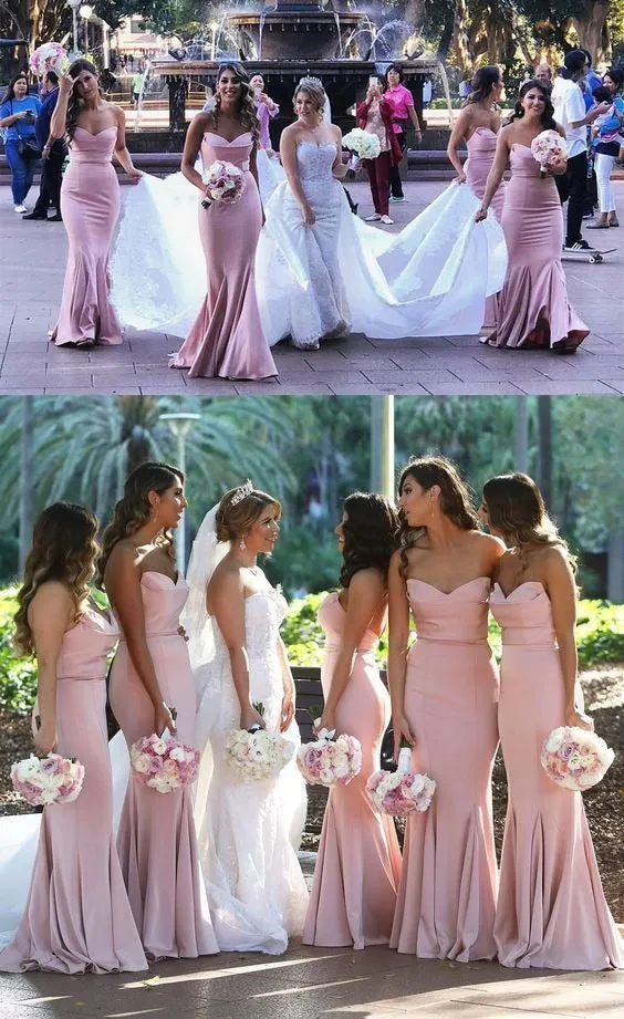 Mermaid Long Strapless Blush Pink Satin Bridesmaid Dresses Party Dresses