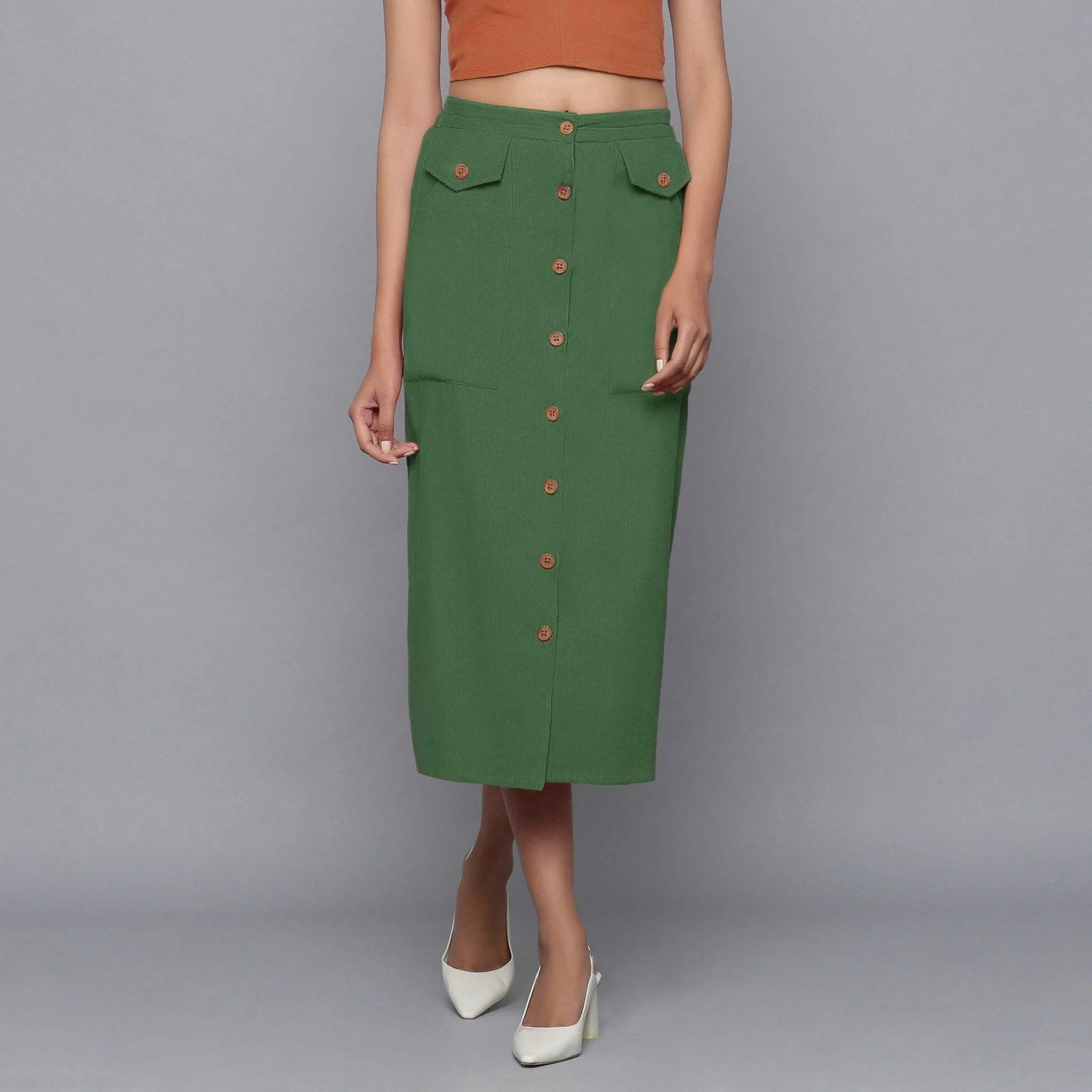 Moss Green Warm Cotton Corduroy Midi Skirt