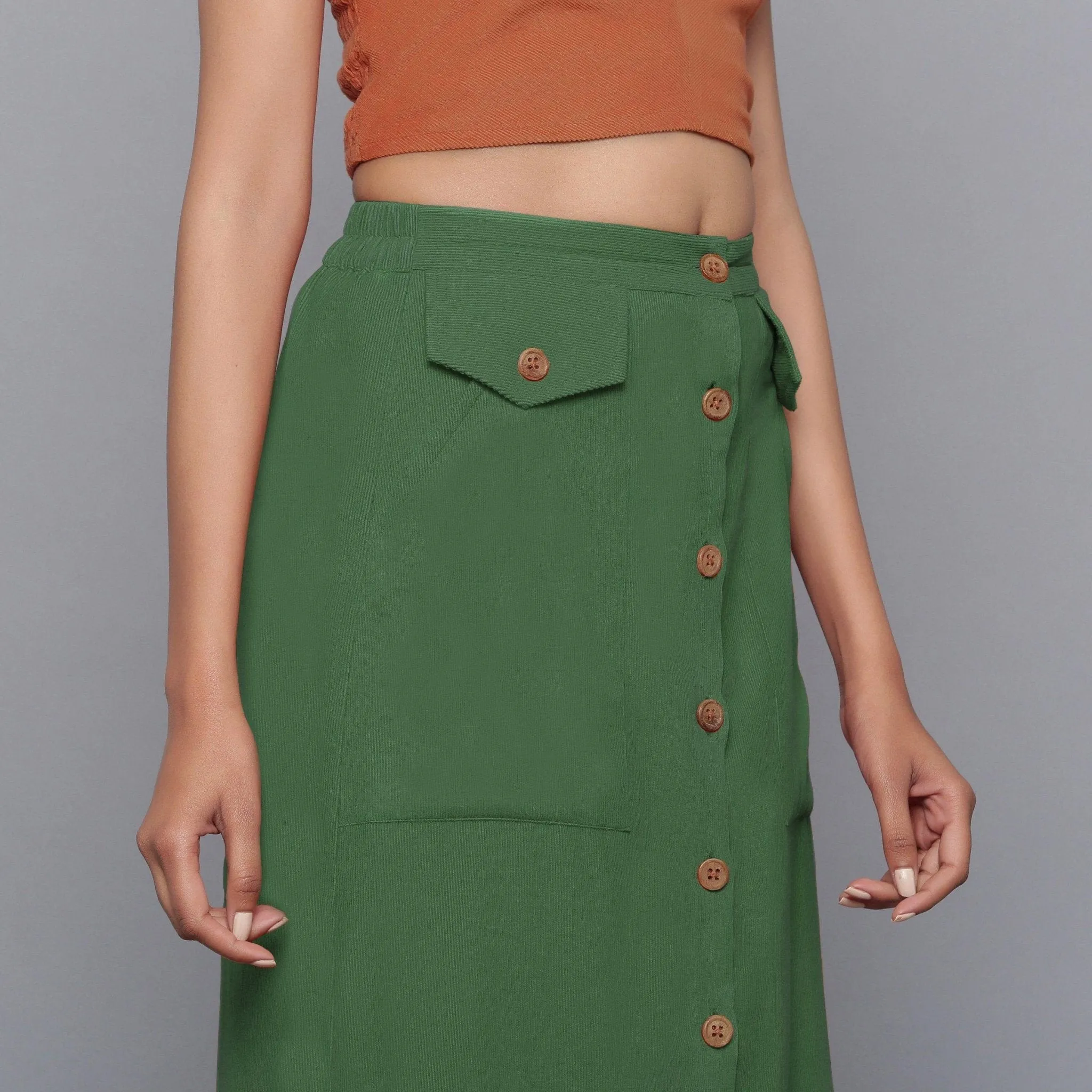 Moss Green Warm Cotton Corduroy Midi Skirt