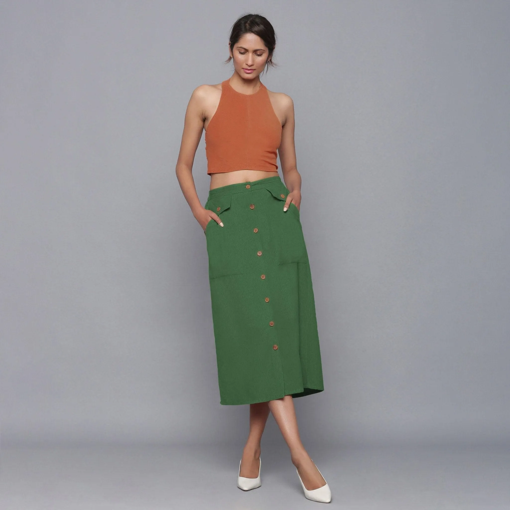 Moss Green Warm Cotton Corduroy Midi Skirt