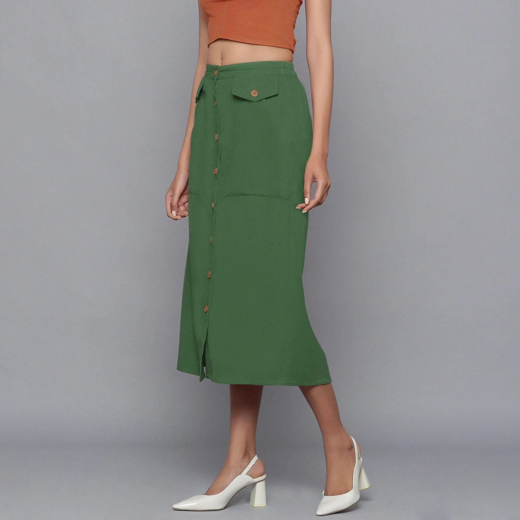 Moss Green Warm Cotton Corduroy Midi Skirt