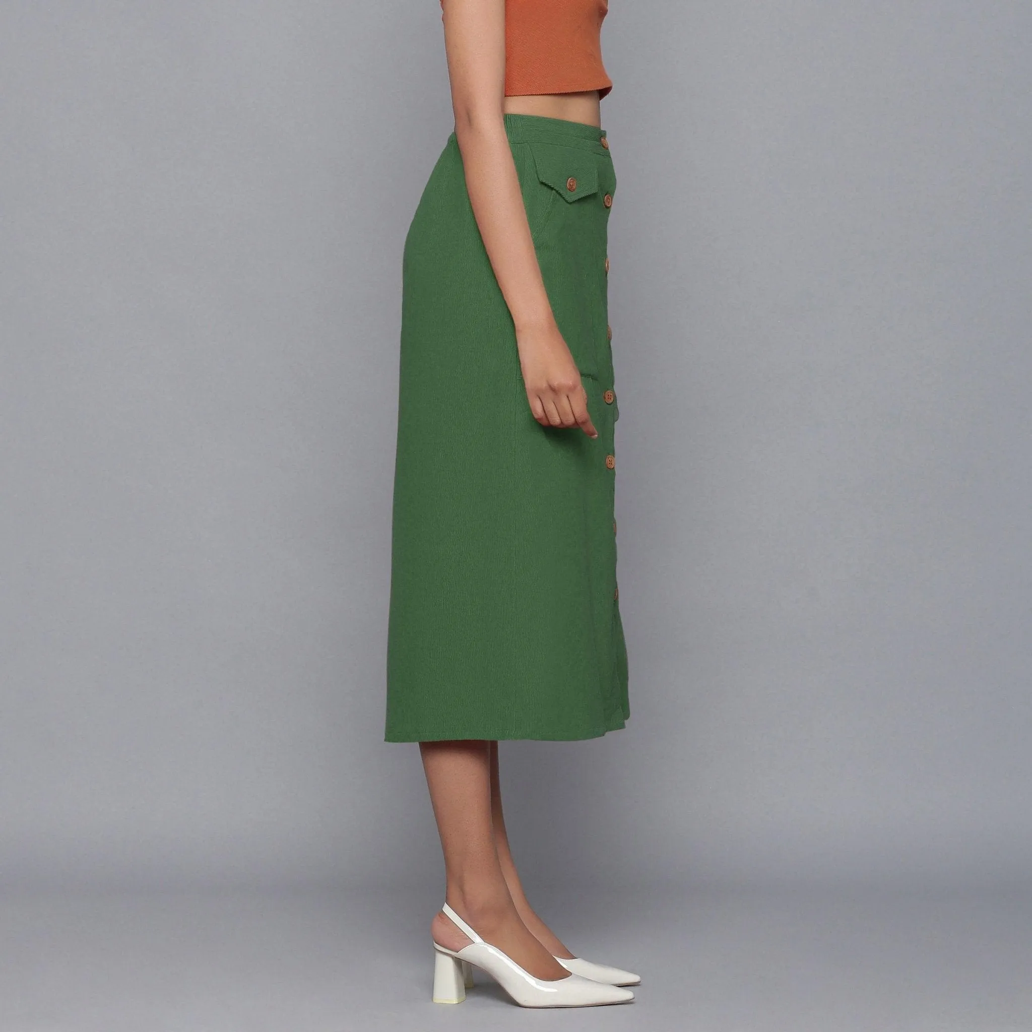 Moss Green Warm Cotton Corduroy Midi Skirt