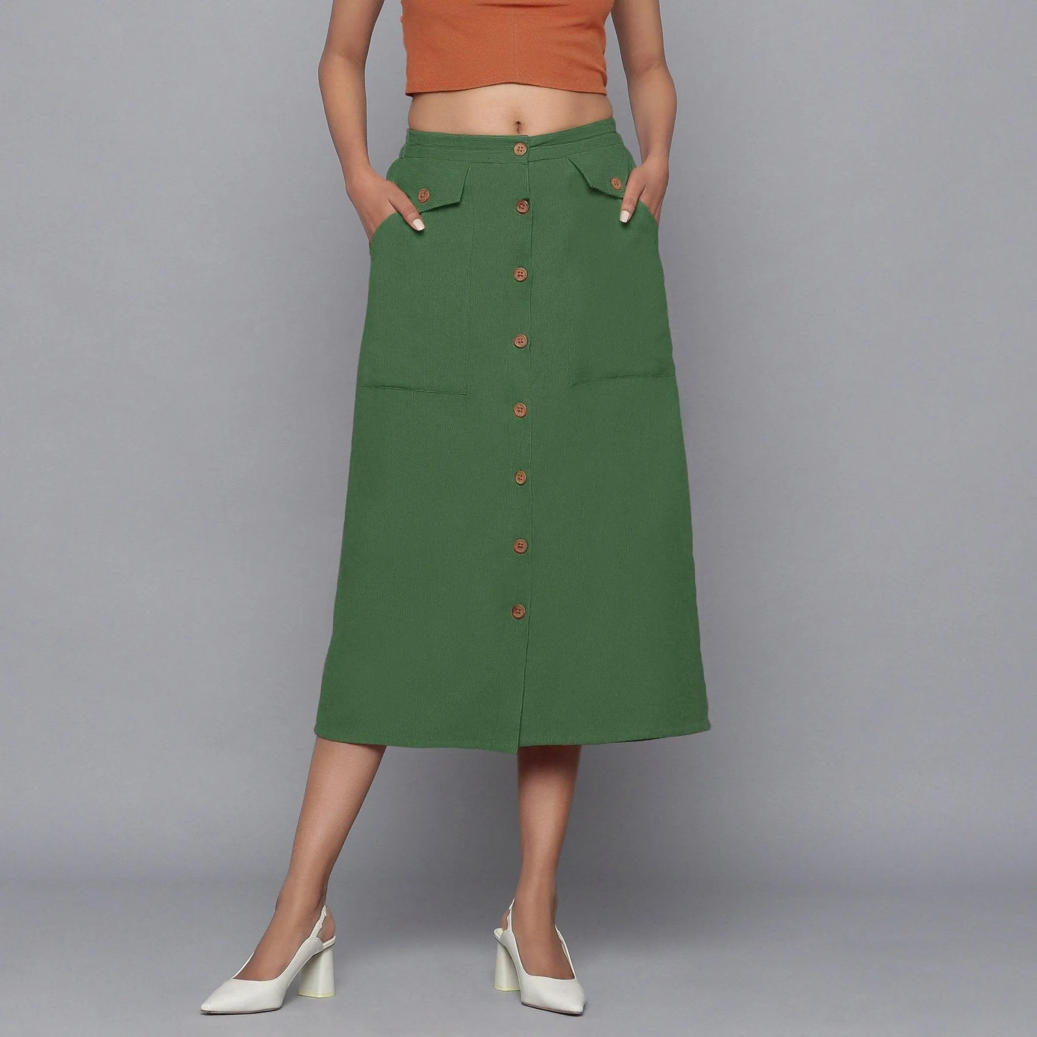 Moss Green Warm Cotton Corduroy Midi Skirt