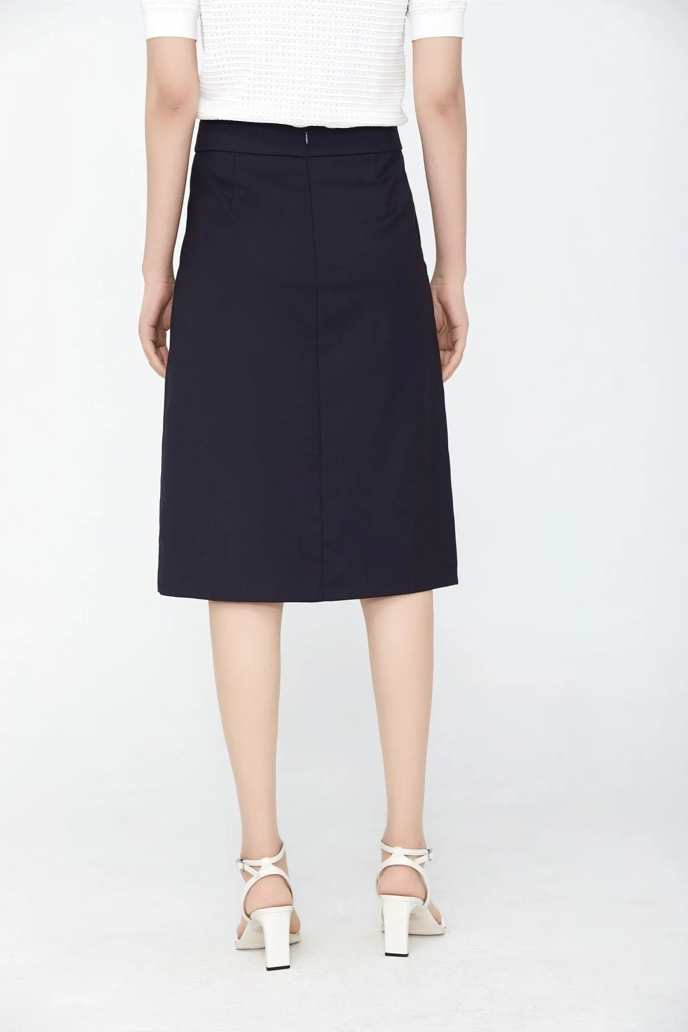 Navy Blue Slit Midi Skirt High Waist