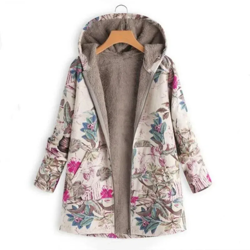 New Women Winter Warm Floral Hooded Jacket Flower Print Hoody Vintage Coats Winter Padded Jacket Women Parkas