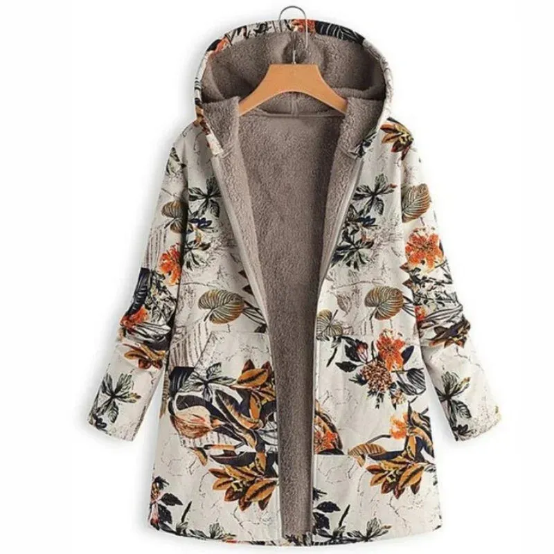 New Women Winter Warm Floral Hooded Jacket Flower Print Hoody Vintage Coats Winter Padded Jacket Women Parkas