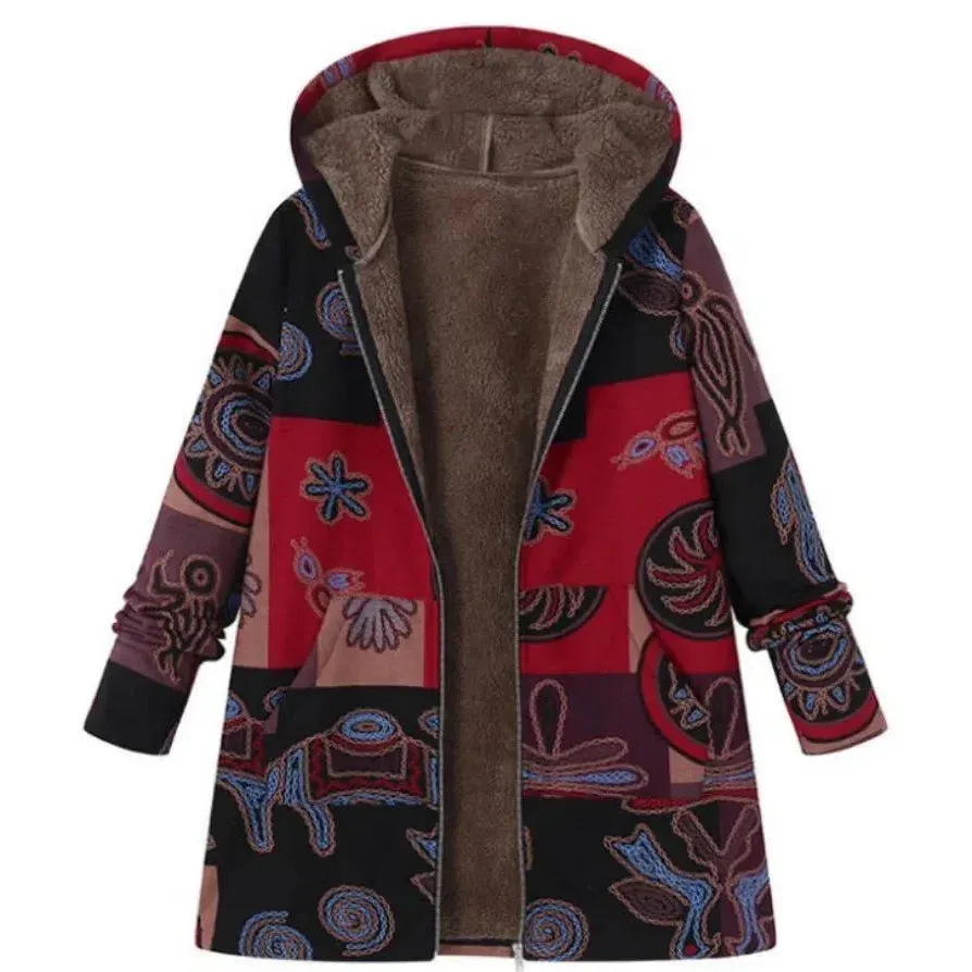 New Women Winter Warm Floral Hooded Jacket Flower Print Hoody Vintage Coats Winter Padded Jacket Women Parkas