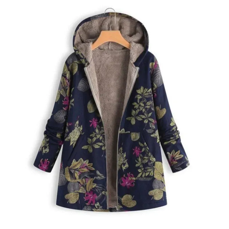 New Women Winter Warm Floral Hooded Jacket Flower Print Hoody Vintage Coats Winter Padded Jacket Women Parkas