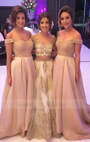 off the shoulder bridesmaid dresses, elegant beading bodice evening party dresses, a line satin prom dresses