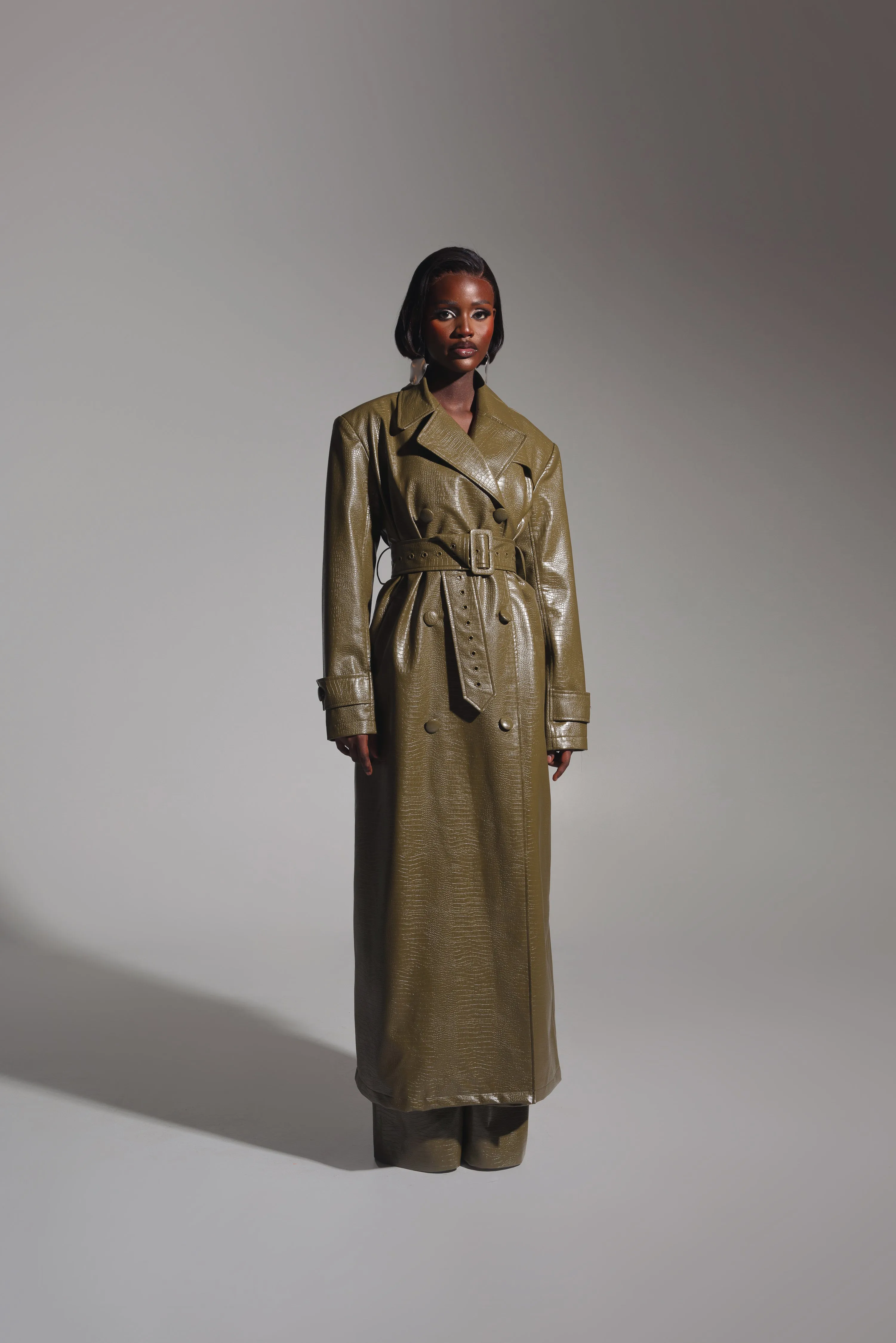 ONO Faux Leather Trench jacket in Olive