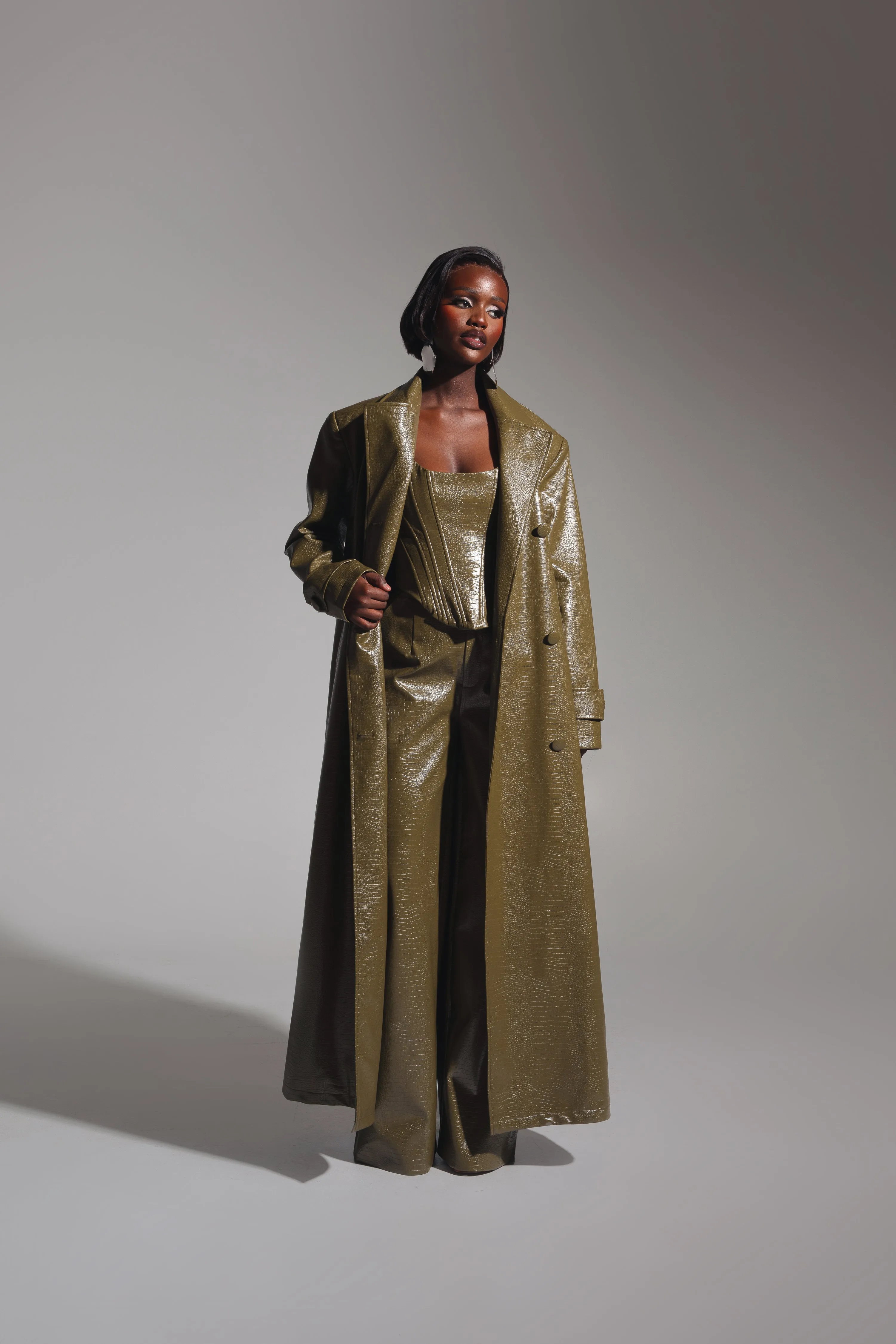 ONO Faux Leather Trench jacket in Olive