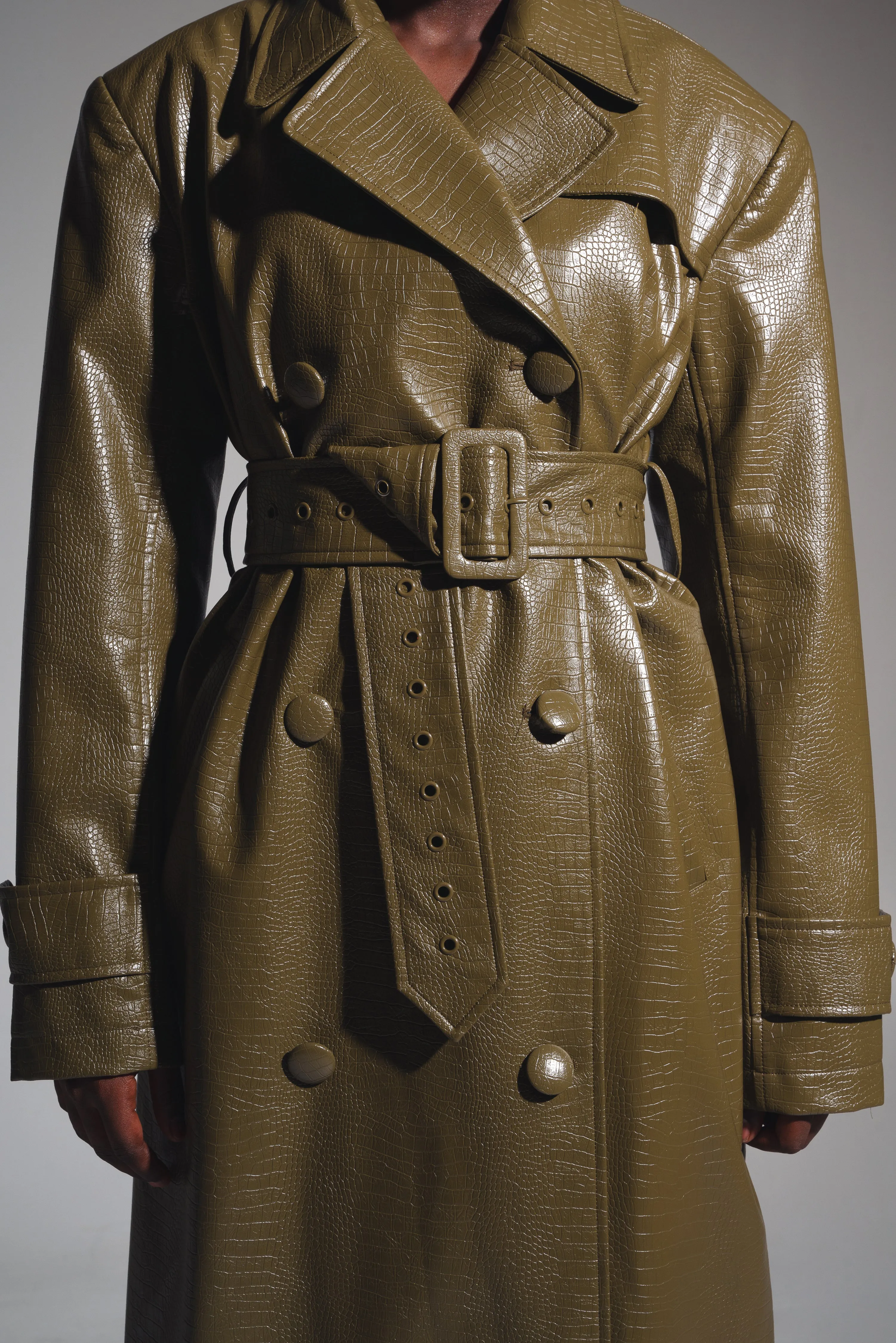 ONO Faux Leather Trench jacket in Olive