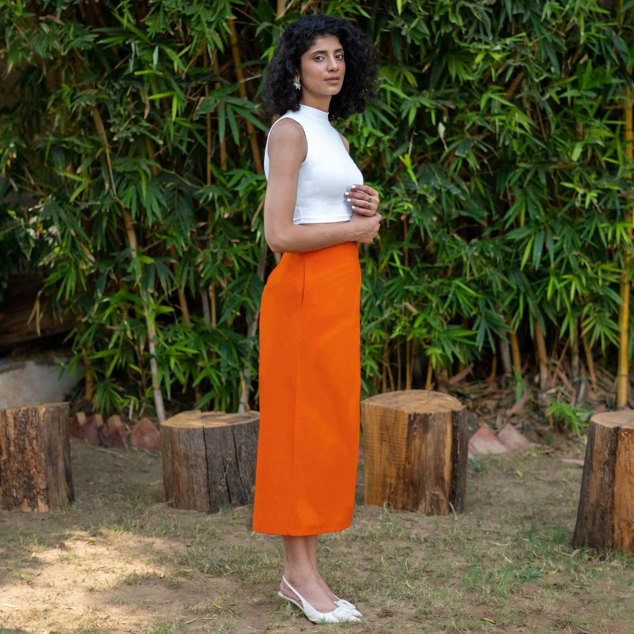 Orange Cotton Poplin High-Rise Midi Wrap Skirt