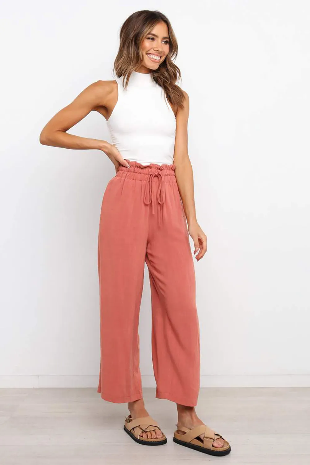 Paperbag Waist Straight Leg Cropped Pants