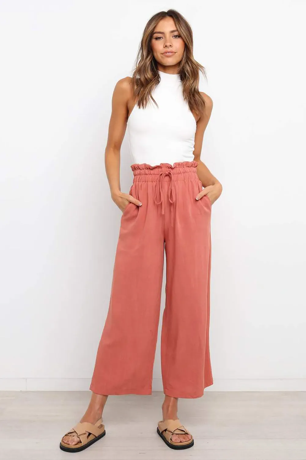 Paperbag Waist Straight Leg Cropped Pants