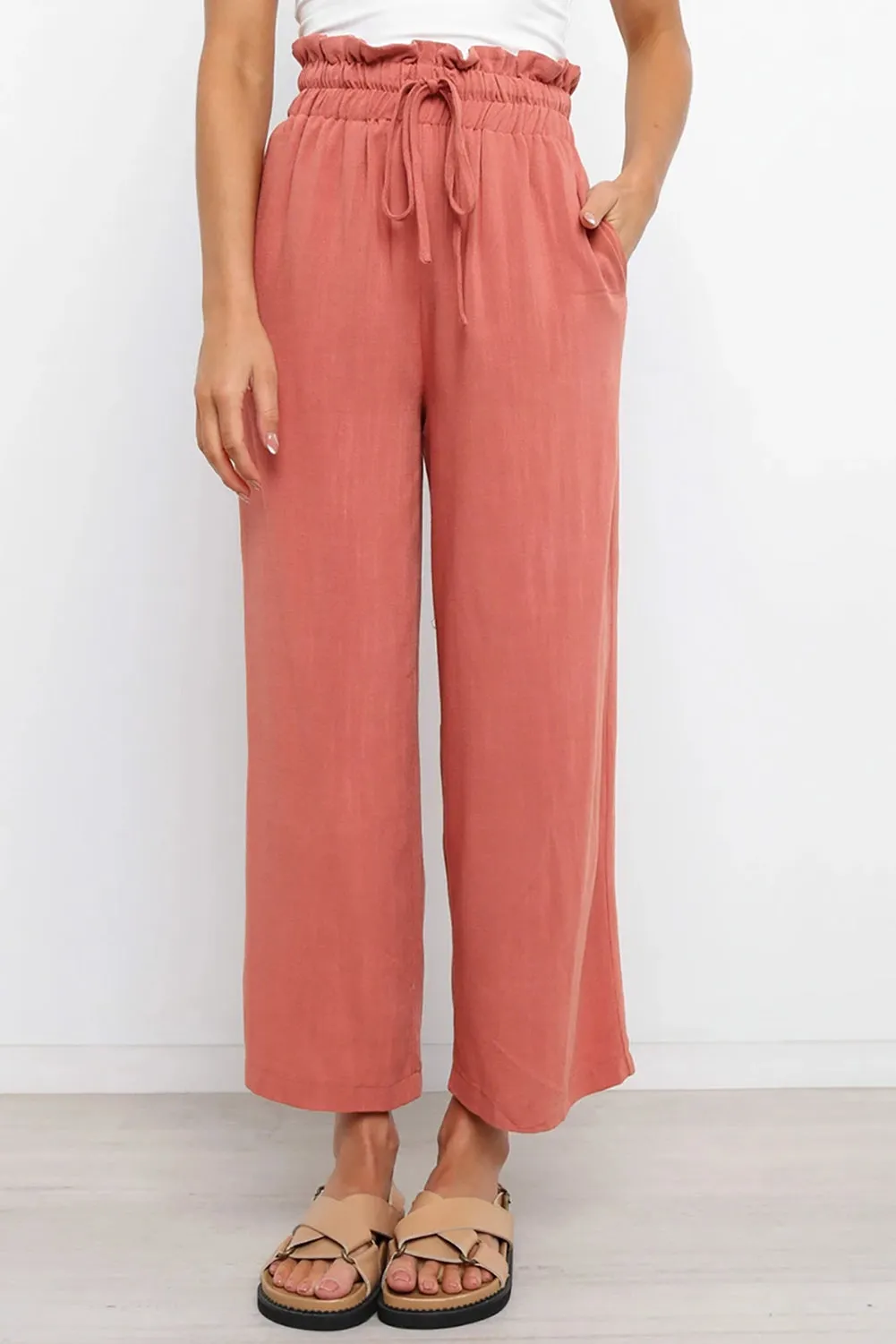 Paperbag Waist Straight Leg Cropped Pants