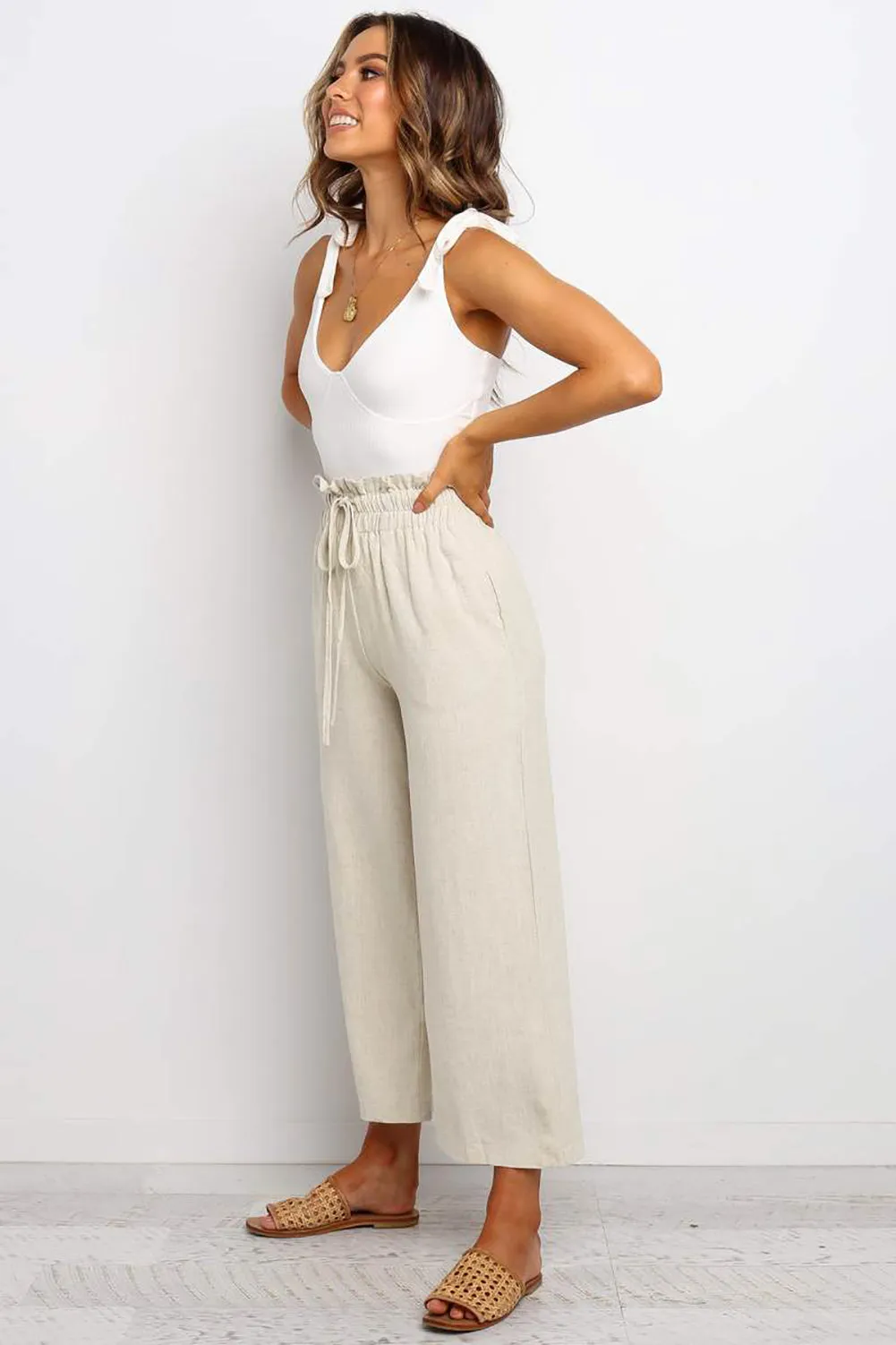 Paperbag Waist Straight Leg Cropped Pants