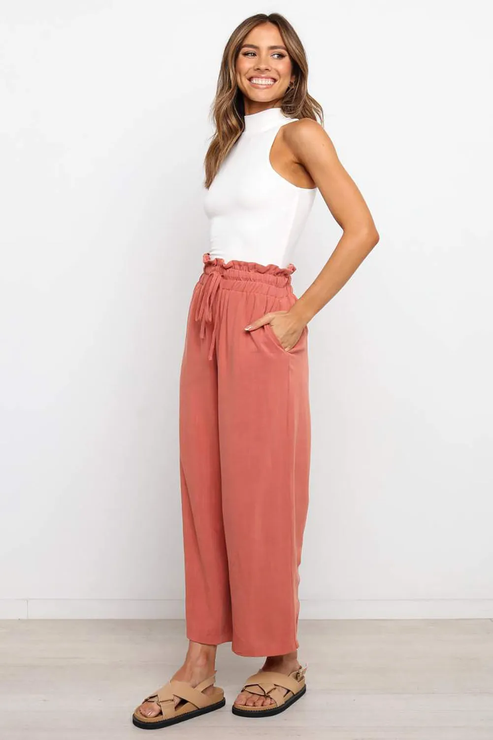 Paperbag Waist Straight Leg Cropped Pants