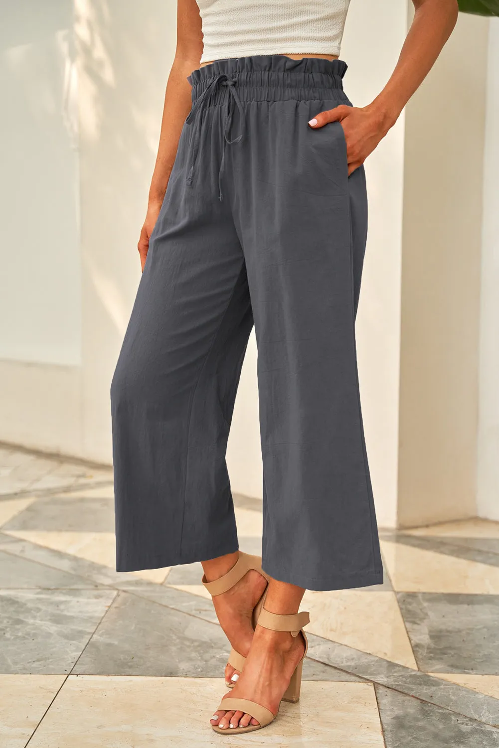 Paperbag Waist Straight Leg Cropped Pants