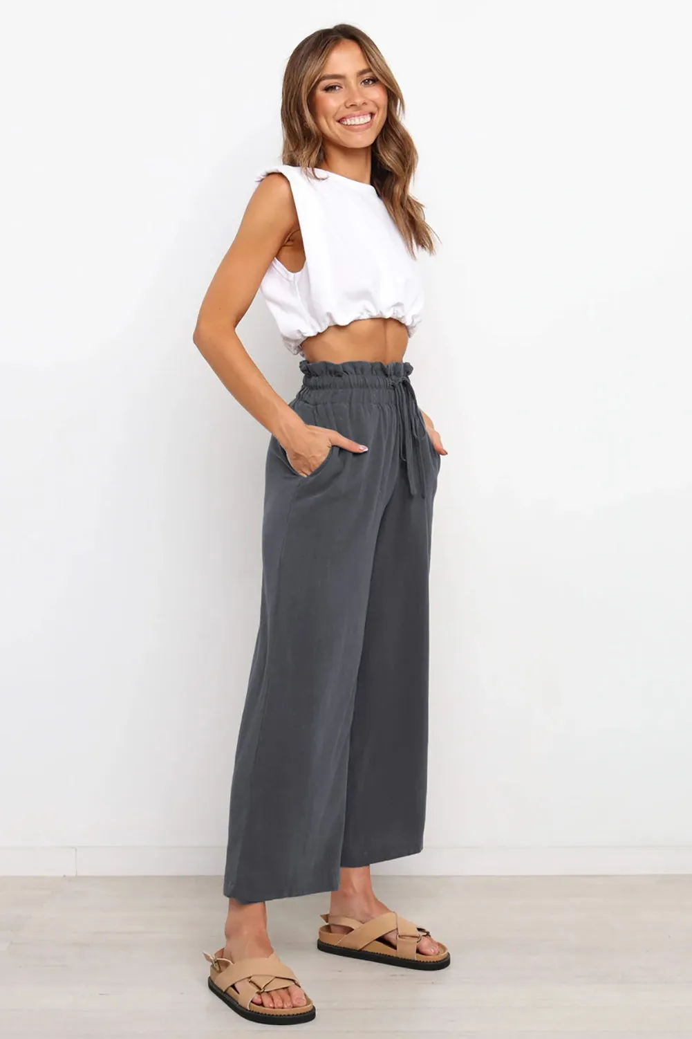 Paperbag Waist Straight Leg Cropped Pants