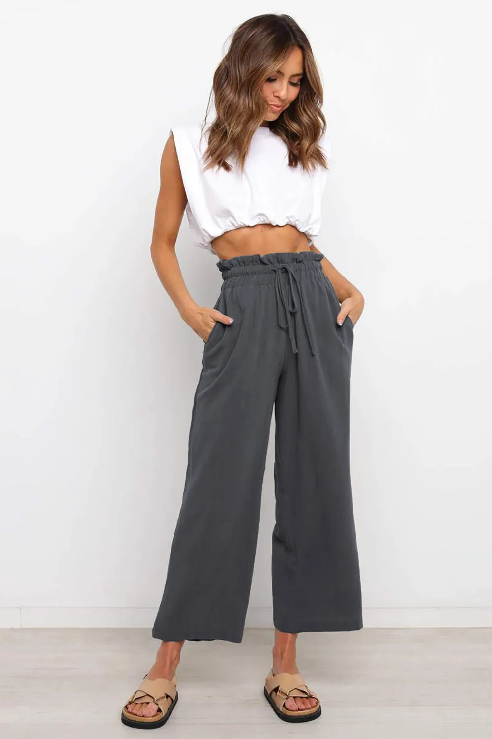 Paperbag Waist Straight Leg Cropped Pants